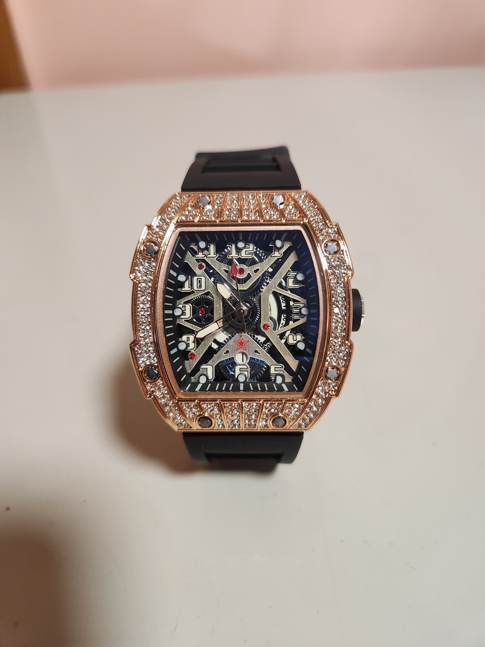 Rose Gold Tone Skeleton Men's Watch with Black Strap